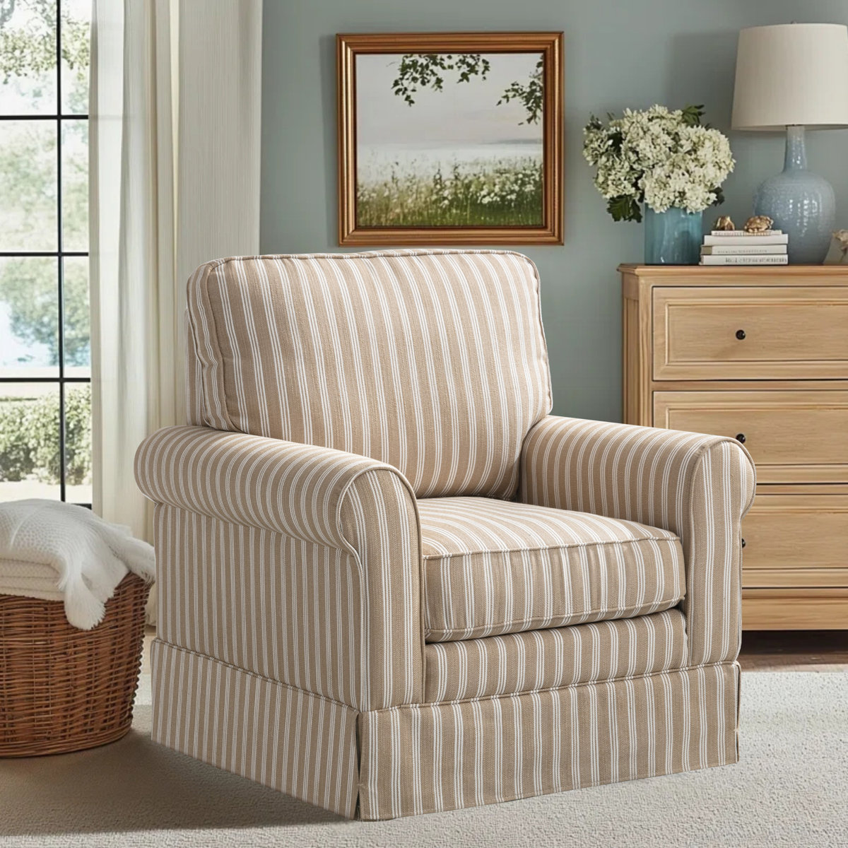 Eilzabeth 33" W Modern Soft Wide Upholstered Striped Swivel Arm Accent Chair